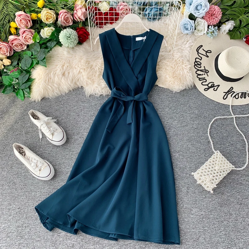 

Work Fashion Solid Sleeveless Dress Women V Neck Sashes OL Vestidos 2021 Spring Summer Dresses Bow Ropa Mujer