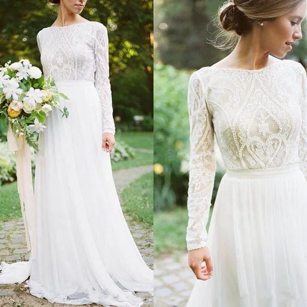 

2019 Bohemian Wedding Dresses With Long Sleeves Bateau Lace Top Chiffon Boho Bridal Gown vestido de noiva robe de mariee