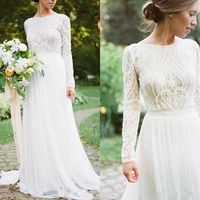 2019 bohemian wedding dresses with long sleeves bateau lace top chiffon boho bridal gown vestido de noiva robe de mariee