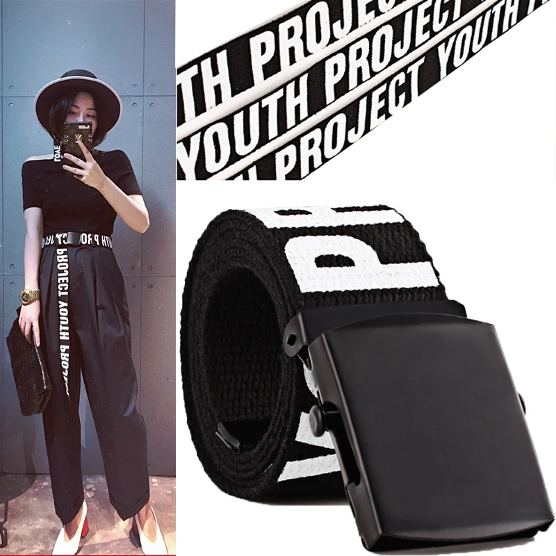 

Women's Gothic Harajuku Street Belt Canvas Punk Letters Printed Decoration Loop Shaped Mental Buckle Jeans Waist Belt