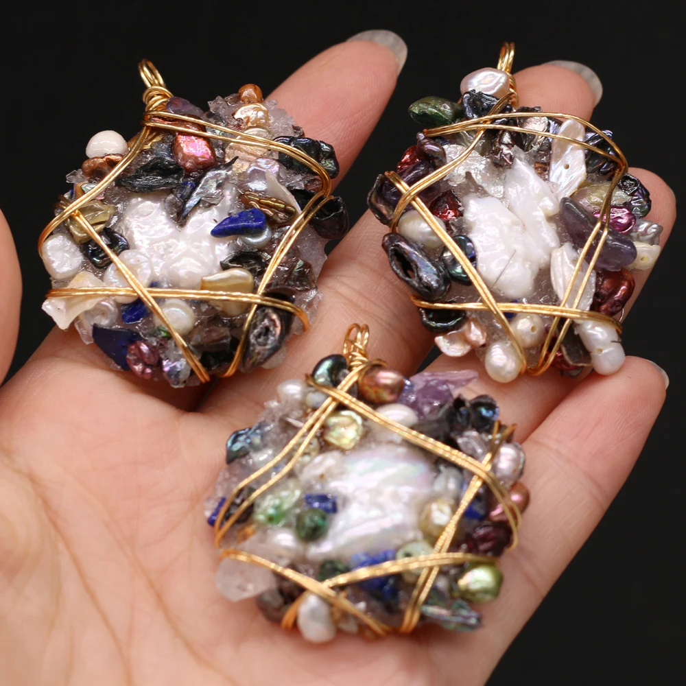 

Natural Semi-precious Stone Irregular Pearl Crystal Bud Wrapped Gold Wire Pendant Making DIY Necklace AccessoriesGift