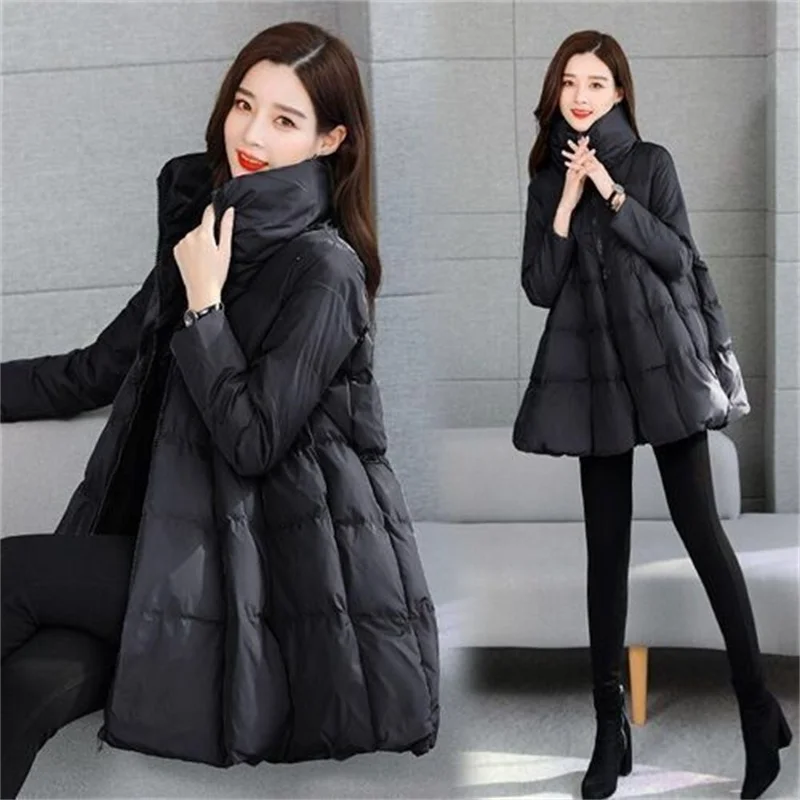 

Large cotton padded jacket women's middle and long Korean A-line stand collar Cape zipper cotton padded jacket middle aged