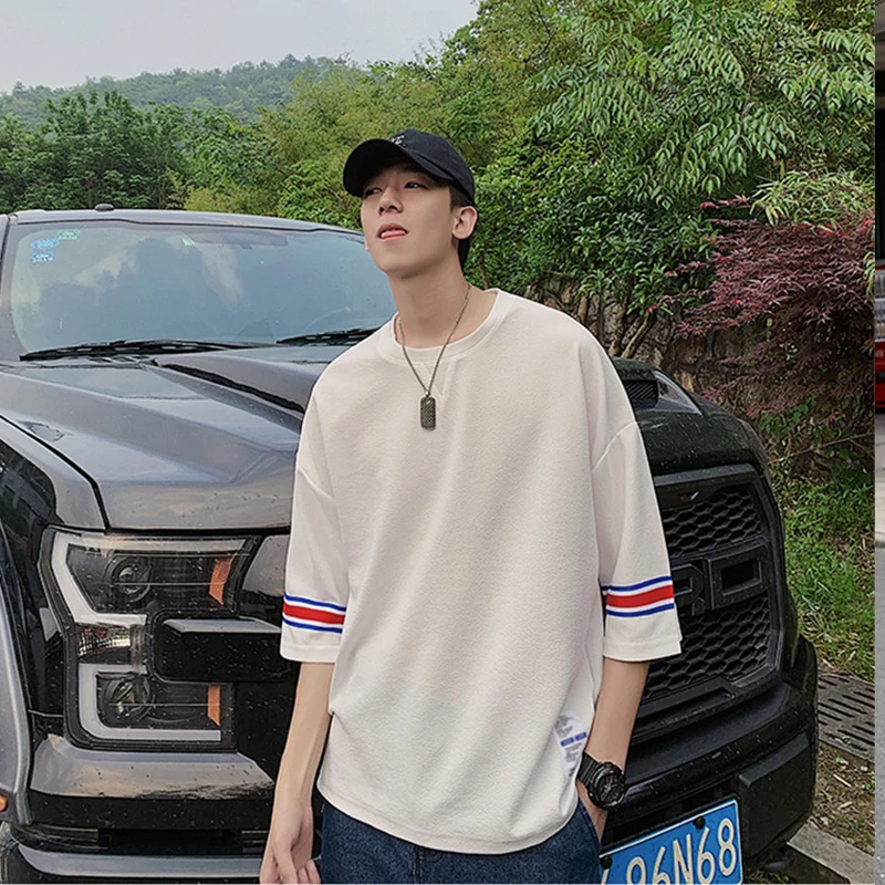 

Harajuku Patchwork Stripe Hong Kong Style Brief Tshirt Newness Unisex Loose Hip Hop Clothes Vintage Plain Teens Men Streetwear