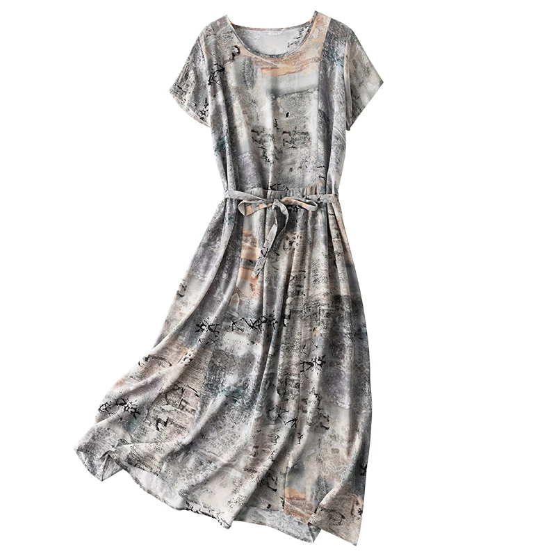 

Women's 100% Silk luxury Fashion Heavy Round neck Long Dress Abstract simple and elegant ink printing One Size L1074