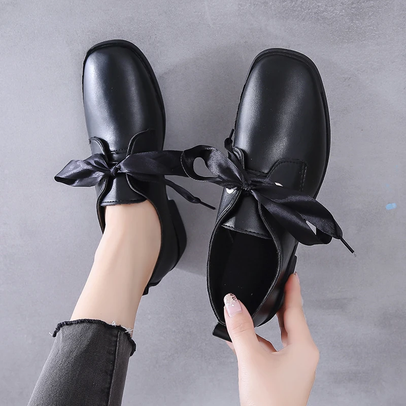 Autumn Bow Shiny Loafers Women Shoes Patent Leather Elegant Low Heels Ladies Footwear Female Pointed Toe Thick Heel | Обувь