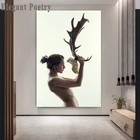 Голая женщина и Олень Маска с костью абстракция настенная живопись холст плакат Nordic Wall Art Холст Картина Гостиная украшения