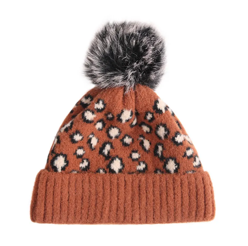 

Women Girls Hats Leopard Print Winter Warm Beanie Cap with Big Faux Fur Pom