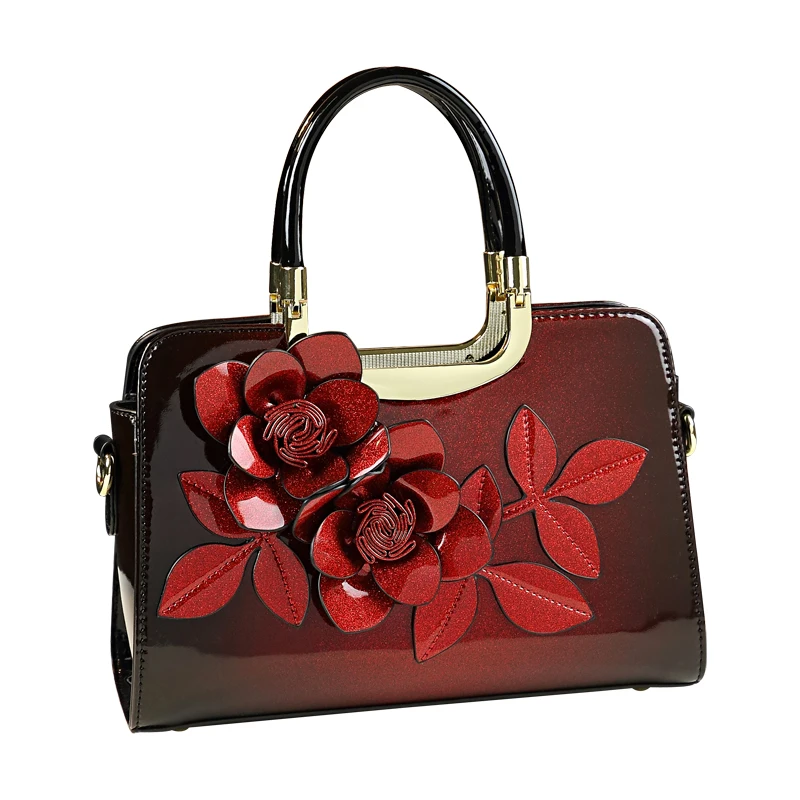 New Luxury Handbag Women Bag Designer High Quality Flower Decoration Patent Leather Messenger Shoulder Bag Red Wedding Clutches