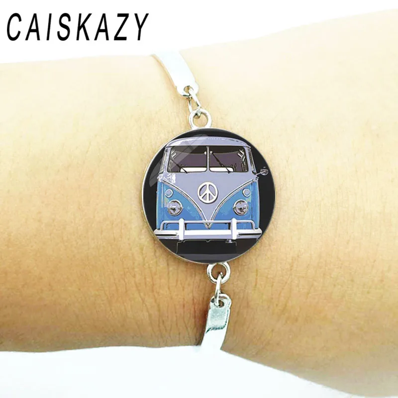 Креативный винтажный Hippie PEACE ЗНАК автобус стеклянный купол браслет из кабошона