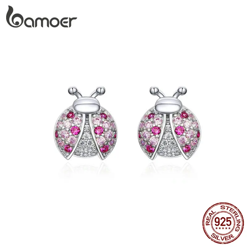 

bamoer Pink Romantic Laybug Stud Earrings for Women 925 Sterling Silver Tiny Earrings for Girl Gfits Original Design SCE715