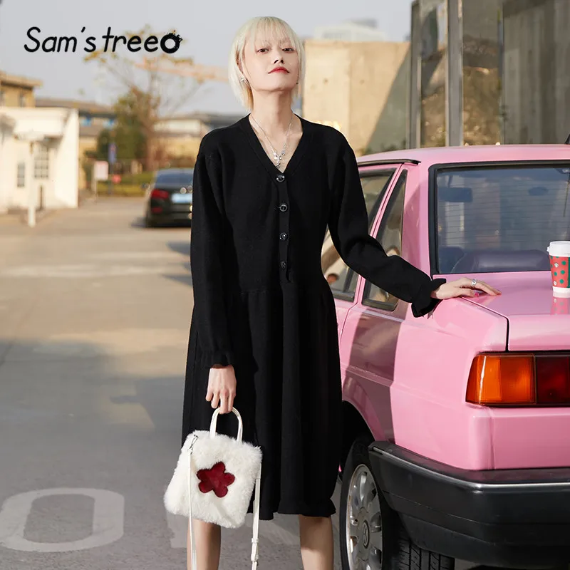 SAM'S TREE, черные однотонные повседневные женские платья на одной пуговице,, зимнее повседневное свободное женское платье с длинными рукавами и оборками