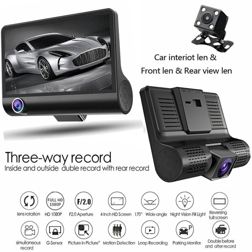 Автомобильный видеорегистратор с 3 камерами 4 0 дюйма Full Hd 1080P|Видеорегистраторы| |