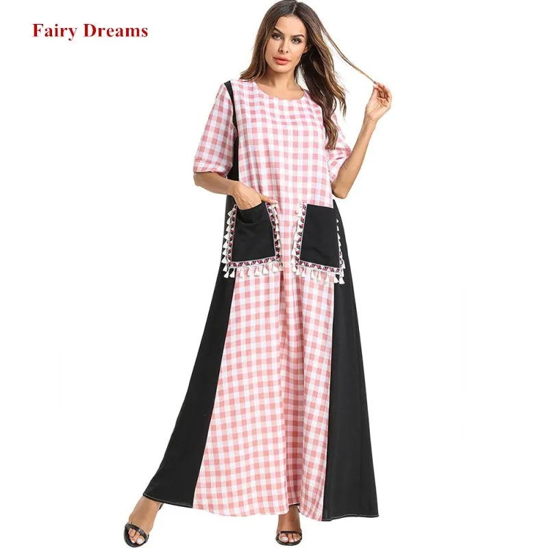 Женское марокканское платье с карманами Abaya розовое мусульманское в клетку