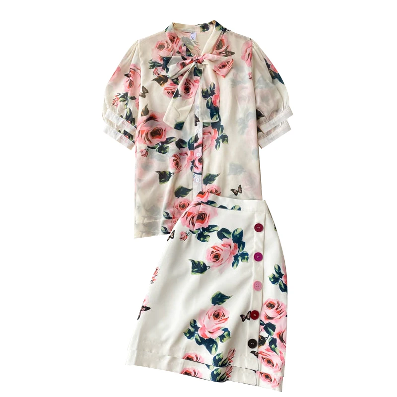 

2021 New Spring Dress Age Reduction Fashion Two-piece Stand-up Collar Puff Sleeve Chiffon Shirt Versatile High Waist Skirt GK041