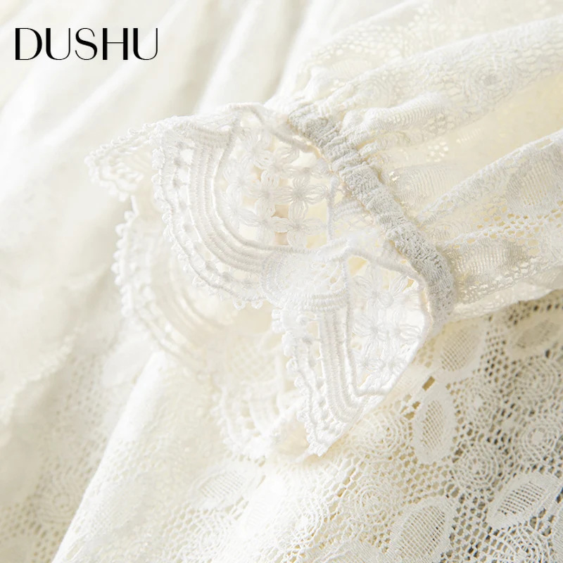

DUSHU Plus size elegant long white lace dress Women long sleeve spring vintage dress Female v neck floral summer beach dress
