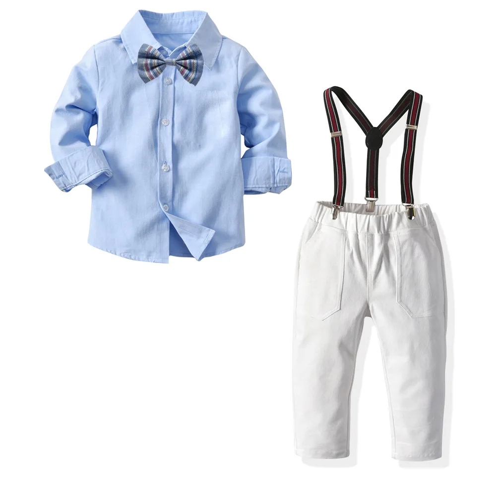 

Spring and Autumn Children's Gentleman Outfit Boys New Long Sleeve Solid Color Shirt + Suspender + Trousers with Bow Tie Set