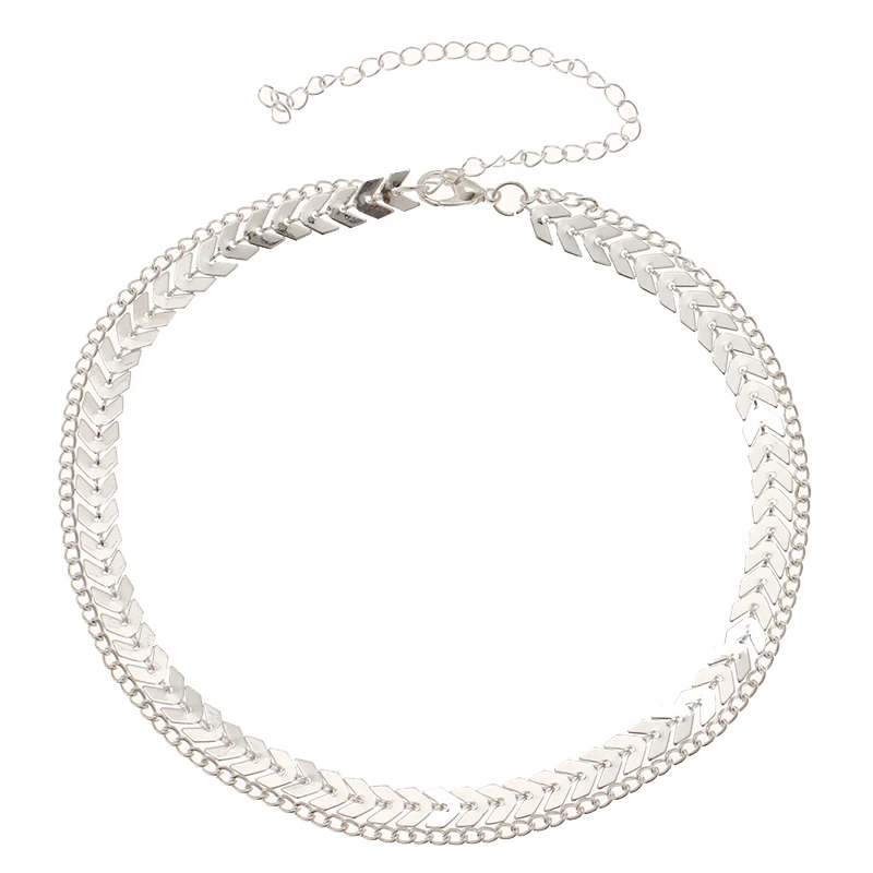 Silver Skute Fashion Double Layer Flat Chain Choker Necklaces Gold Color V Shape Sequins Fishbone Airplane Necklaces for Women Jewelry - Окраска металла: Silver