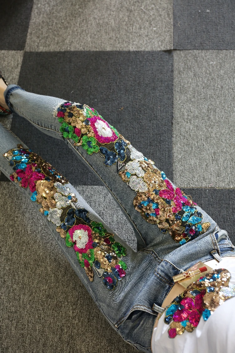 pants light blue Осенняя женская джинсовая куртка с вышитыми розами, цветочными бусинами, жемчужинами, пайетками, нашивками с погонами, рваная джинсовая куртка-бомбер - Цвет: pants light blue