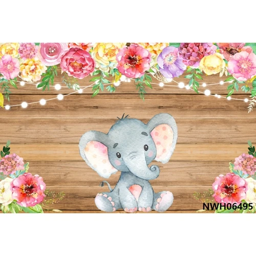 Laeacco Elephant Flowers Wooden Boards Wall Scene Baby Children Photography Backgrounds Photographic Backdrops For Photo Studio - Color: NWH06495