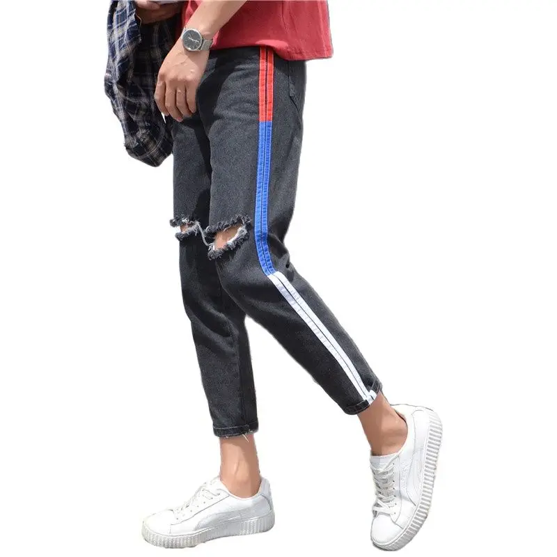 

Summer 2021 Fashion casual hip hop striped cut hole ripped denim jeans men's Korean Hong Kong style beggar teenager pencil pants