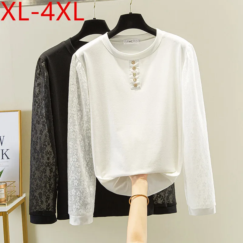 

Plus Size Women Spring Autumn O Neck Lace Long Sleeve Patchwork Cotton T-shirt Large Loose Casual Tops Tees XL 2XL 3XL 4XL