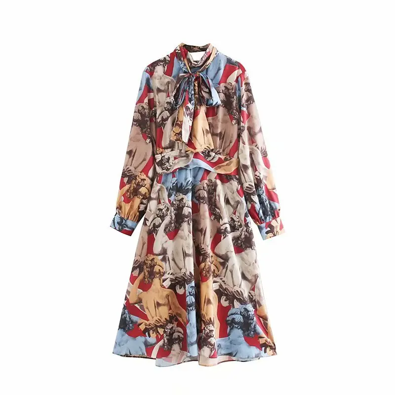 2019 женское винтажное Повседневное платье с абстрактным принтом и поясом женские