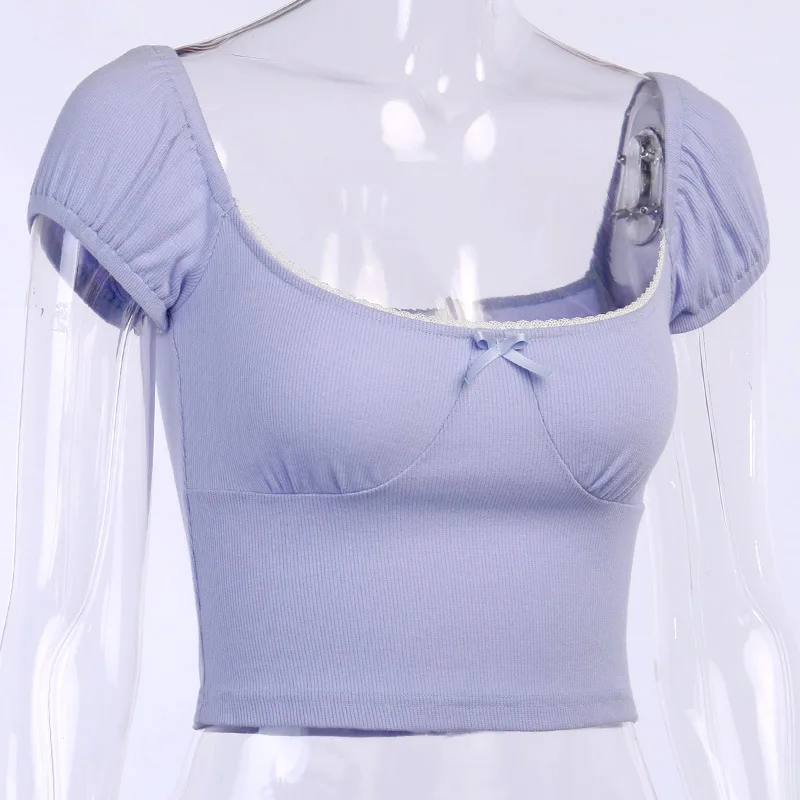 

summer crop tops short sleeve Square Collar t shirt Lace-edge Bow decoration top Women's fashion sexy clothes