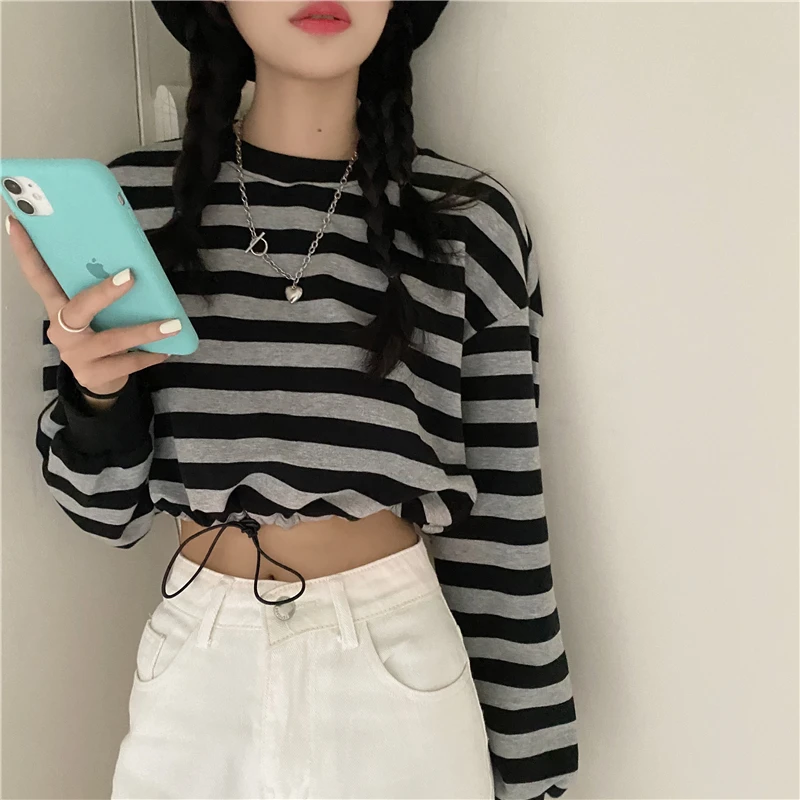

NEW Hoodies Women Loose Spring Autumn Korean Style Elegant Fashion Pullovers Draw String Striped Ladies Thin Long Sleeve Breatha