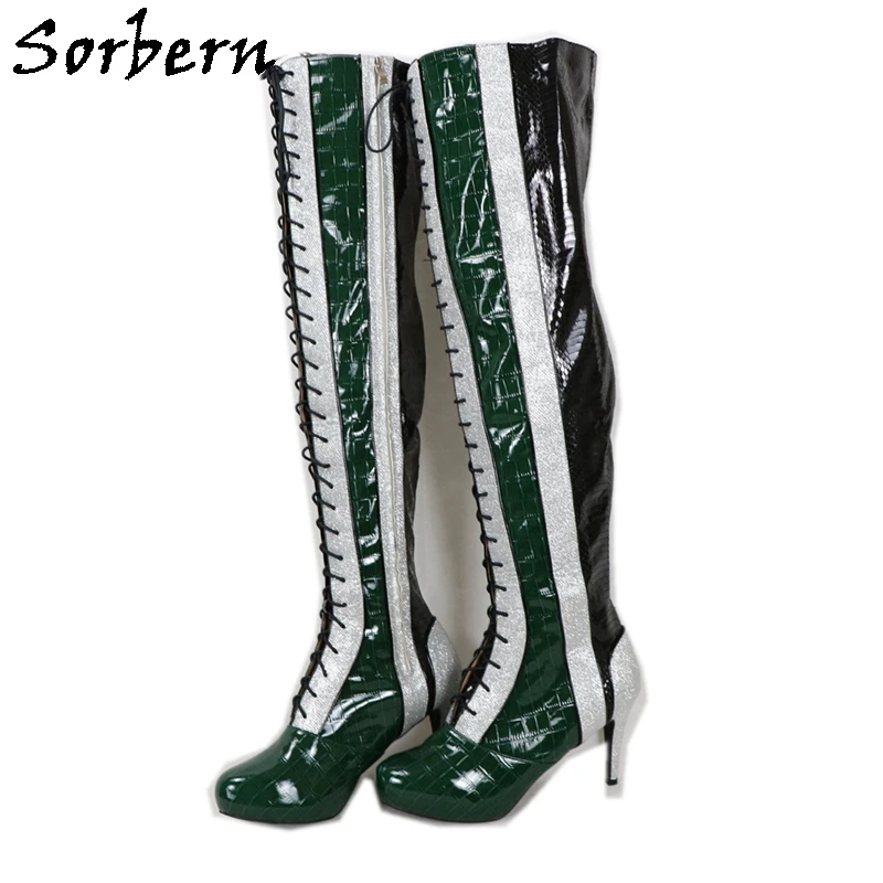 

Sorbern Made-To-Order Green Crocodile Boots Women Crotch Thigh High Black Snake Glitter High Heels Platform Invisible Unisex