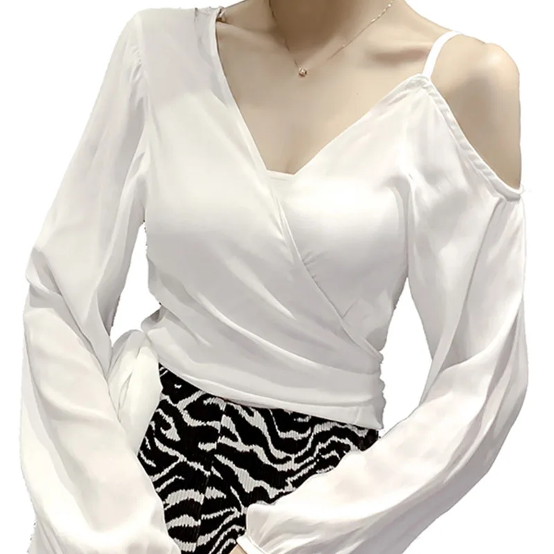 

Spring autumn women's Blouse new solid color sexy v-neck long-sleeved top Korean irregular niche short chiffon tops GX227