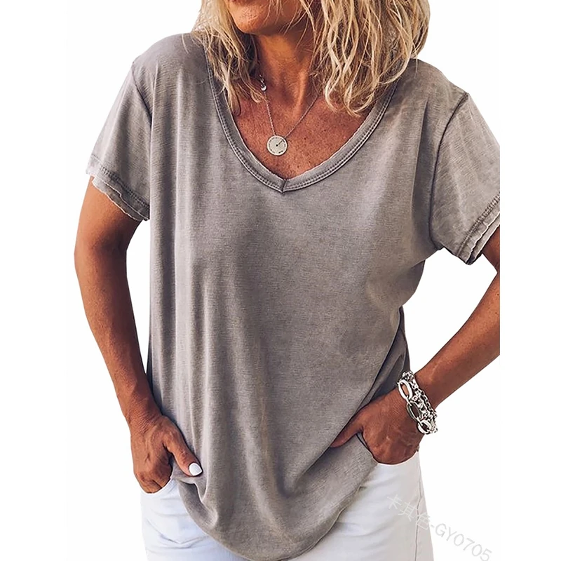 

Mandylandy T-shirt Women's Casual Short Sleeve V-neck T-shirt Summer Fashion Solid Color Loose Pullover Top