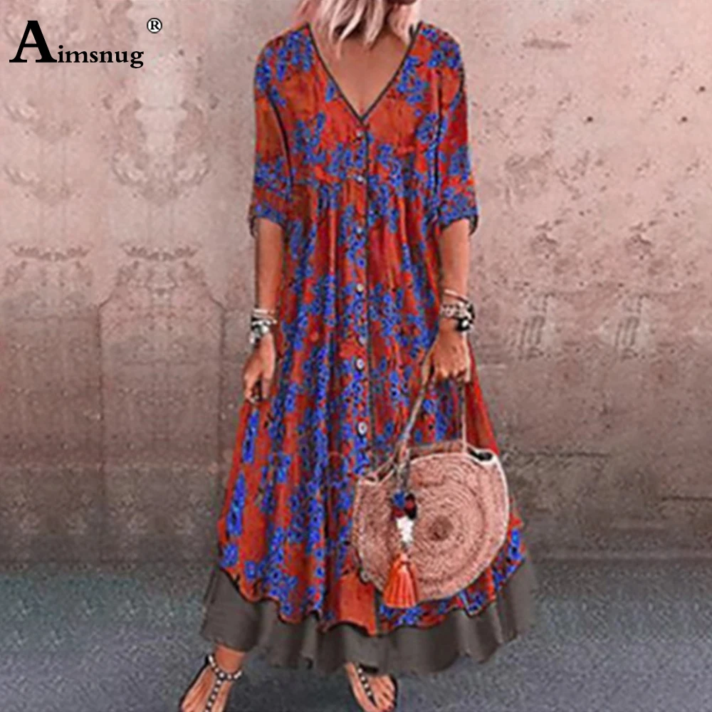 Женское длинное платье макси с V образным вырезом свободное в стиле бохо принтом