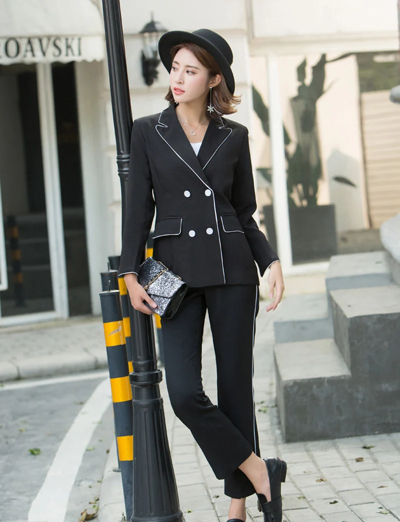 Женский офисный брючный костюм Mozuleva черный пиджак и брюки до щиколотки с высокой