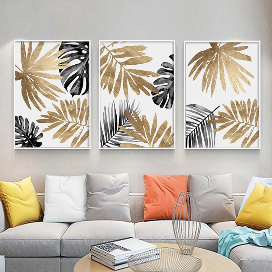 

Black Gold Leaf Abstract Canvas Painting Scandinavia Poster Wall Art Prints Nordic Pictures for Entrance Living Room Home Decor