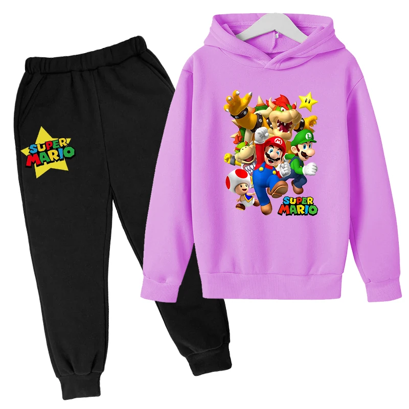 Sudadera con capucha y pantalones para ni&ntilde;os, Conjunto de sudadera de algod&oacute;n con dibujos animados, ropa de moda de dos piezas, abrigo para personas mayores, Super Mario 4T-14T, negro &middot; blanco-5