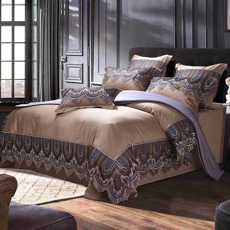 

4/7-Pieces Premium 800TC Egyptian cotton Duvet Cover set with Lace edge Brown Bedding Set Queen size King Bed Sheet Fitted sheet