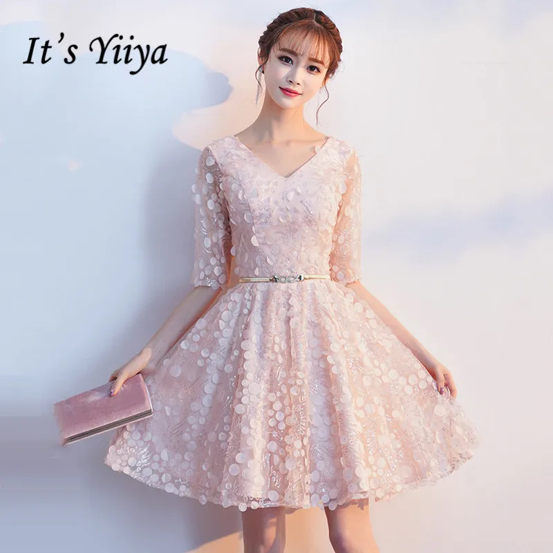 Женское вечернее мини-платье It's Yiiya розовое платье с полурукавами и v-образным