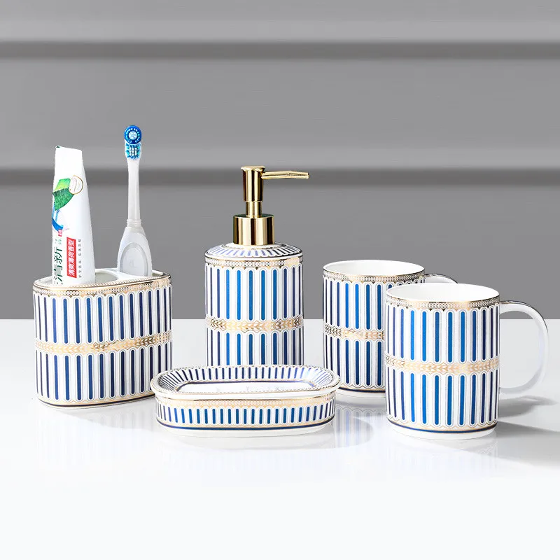 

Bathroom Sanitary Ware Set Ceramic & Porcelain Soap Dispenser Dish Couple Cup WashTools 5 Pieces Kit Luxury Wedding Gift Present