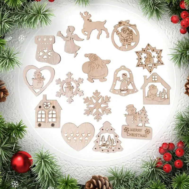15pcs Christmas Wooden Hollowed-out Bells Elk Snowflake Love Originality Scene Props Pendant Home Ornaments | Дом и сад