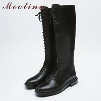 meotina ins za genuine leather motorcycle boots women zipper flat knee high boots ladies lace up leather shoes autumn winter 41
