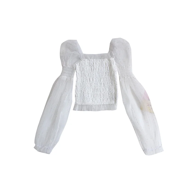 

Fitaylor New Summer Women Casual Square Collar Puff Sleeve Short Gauze Shirts Sweet Folds High Waist Fashion Female Tops Shirts