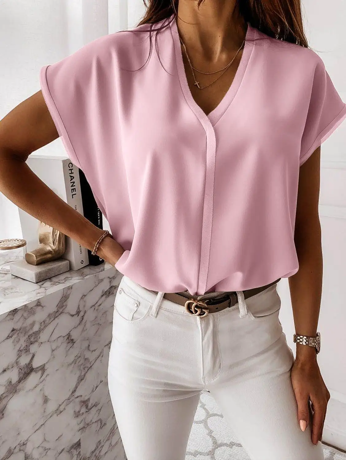 

Fashion Summer New Casual V-Neck Blouses Female Bat Short Sleeve Elegant Shirt Pink Loose Tops