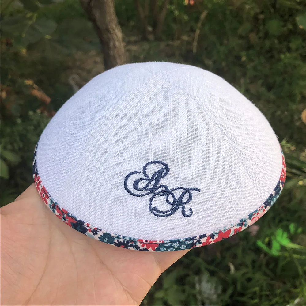 Белый льняной кипот с красной вышивкой логотип, KIPPOT, KIPPAH шапки, YARMULKES, CIPA, еврей шапки для свадьбы