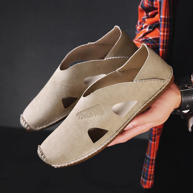 

Летние мужские кожаные повседневные лоферы, дышащие удобные модные сандалии с перфорацией и мягкой подошвой