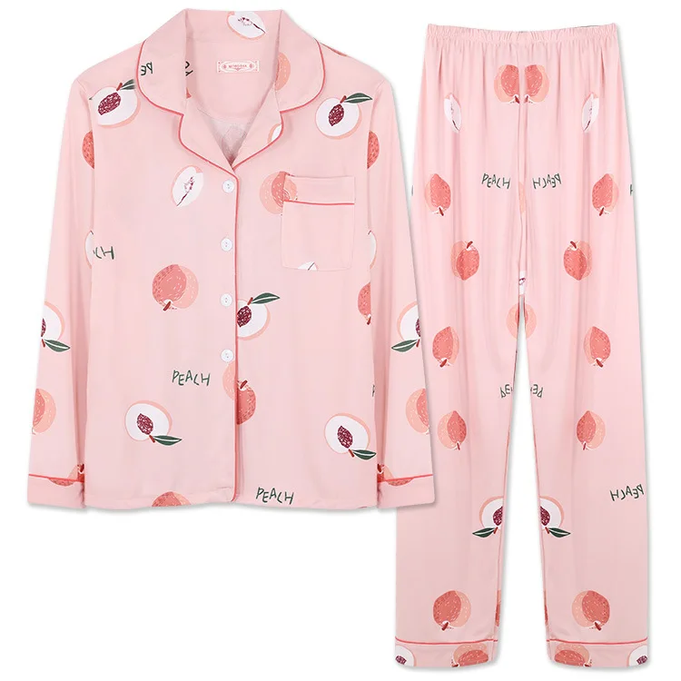 Spring Autumn Long Sleeve Pajamas Women's Lapel Cardigan Suit Wave Point Pants Nightwear Home Clothes Sleepwear Set Large Size