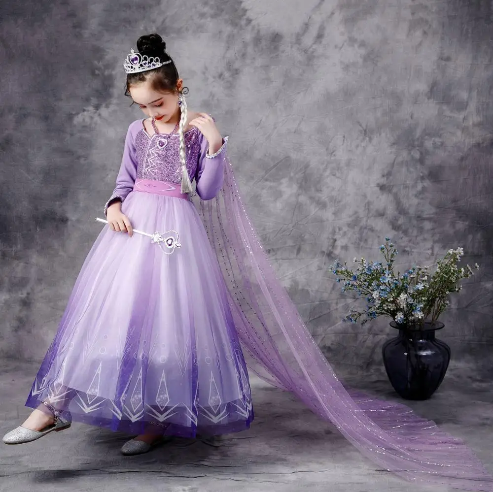 Frozen Elsa Dress Snow Queen 2 Girls Princess Purple Long Sleeve Christmas Carnival Kids Cosplay Costume Wedding | Тематическая