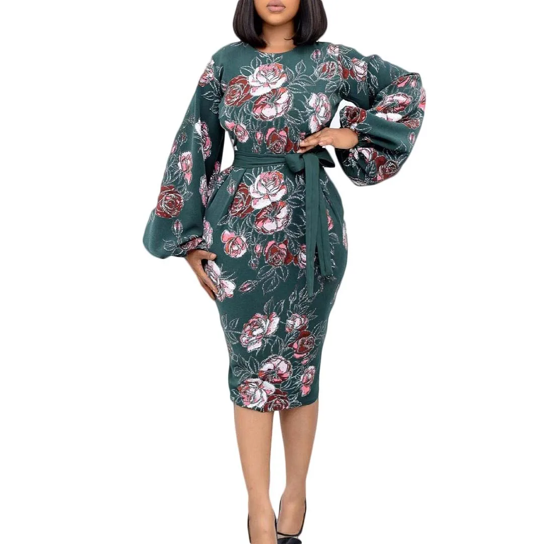 

Autumn 2021 Women's Lantern Sleeve Professional Buttock Skirt Printed Large Size European and American Dress