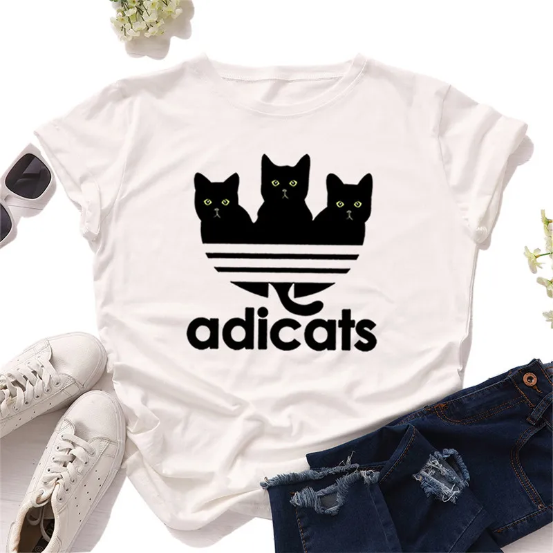 

New Cat Print Tops O Neck Short Sleeve Summer White Ladies Tops Short Clothes 2020 Women T-shirt Female Tshirt