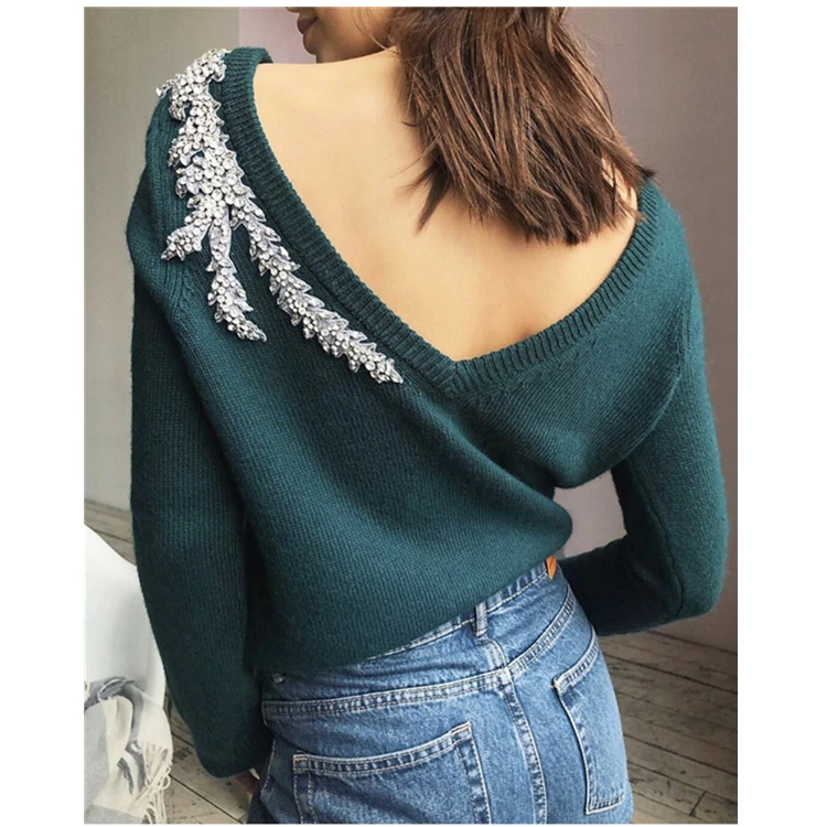 

Pullover Promotion Wool 2021 New Women's Sweater Backless Branches Nail Drill V-neck Water Velvet Knitted Women Can Wear Two