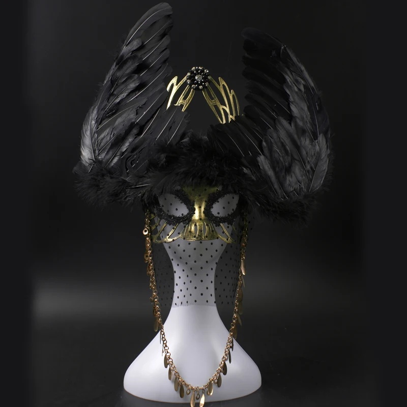 

Парик с крупными черными перьями и бусинами, ювелирная маска, Хэллоуин, косплей-реквизиты для вечеринки, сценические аксессуары, маски для мужчин, женщин, певиц